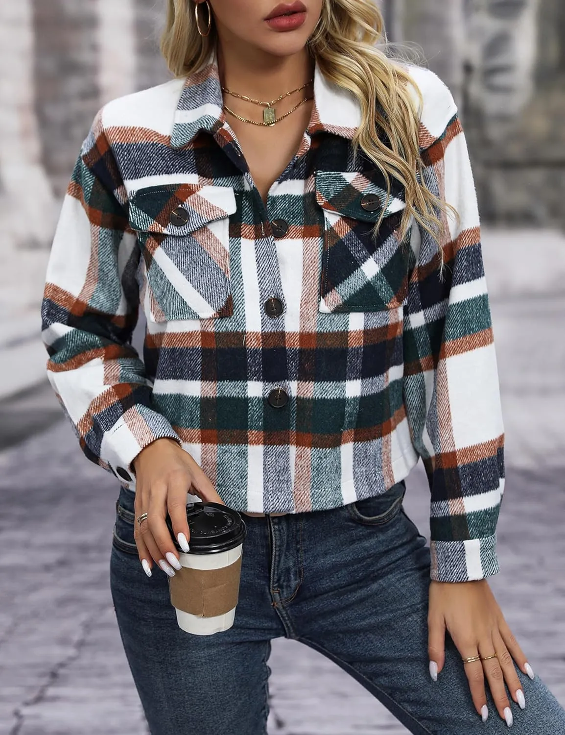Wanzetaly Womens Cropped Plaid Shacket Jacket Flannel Wool Blend Lapel Button Down Jackets