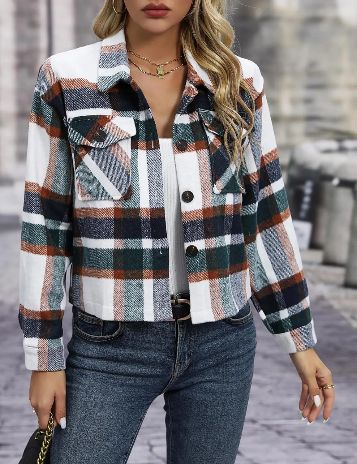 Wanzetaly Womens Cropped Plaid Shacket Jacket Flannel Wool Blend Lapel Button Down Jackets