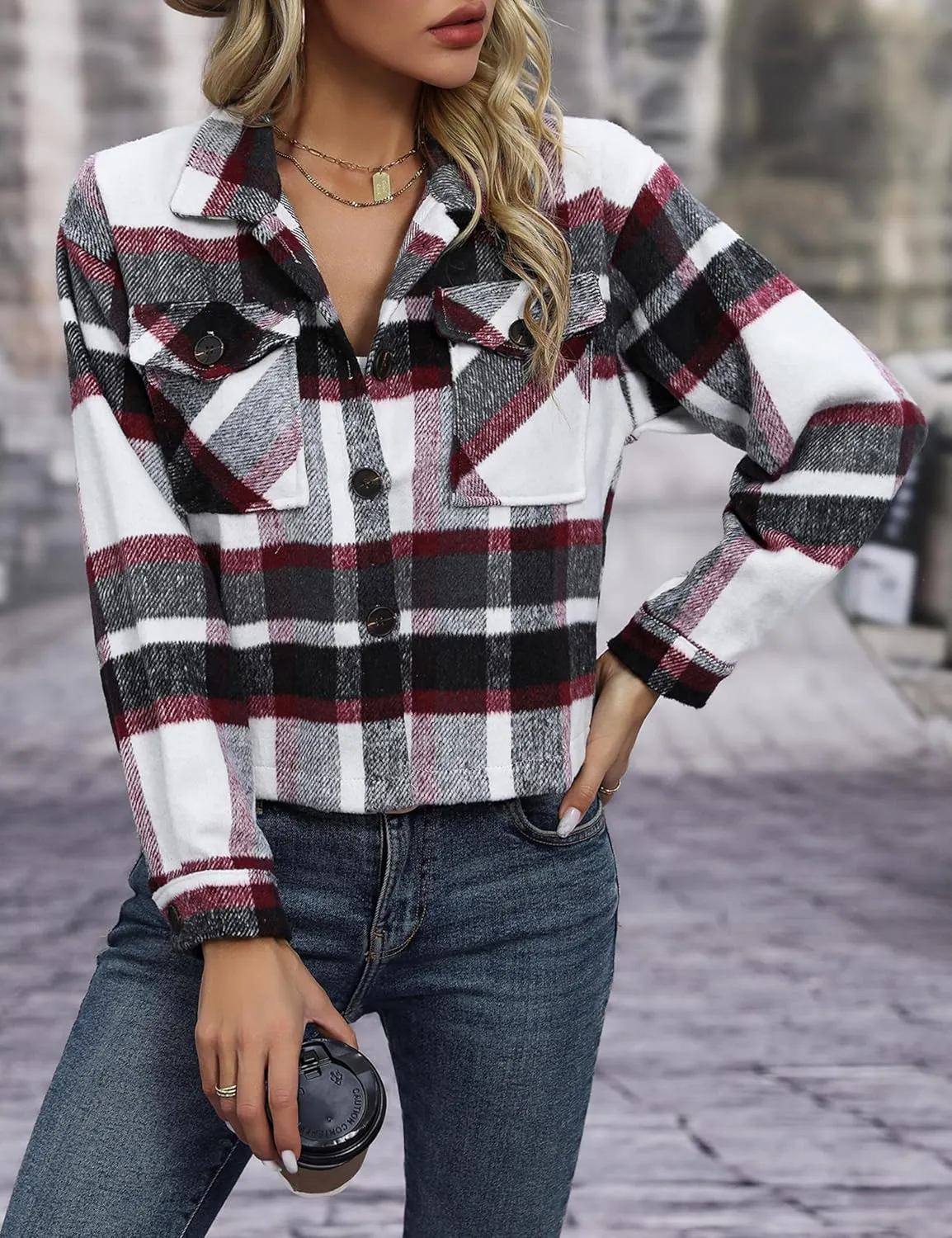 Wanzetaly Womens Cropped Plaid Shacket Jacket Flannel Wool Blend Lapel Button Down Jackets