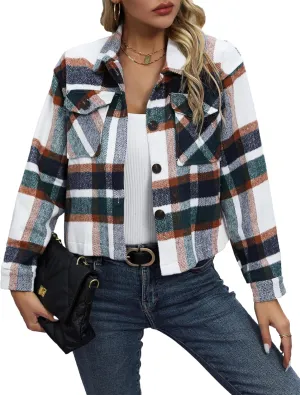 Wanzetaly Womens Cropped Plaid Shacket Jacket Flannel Wool Blend Lapel Button Down Jackets