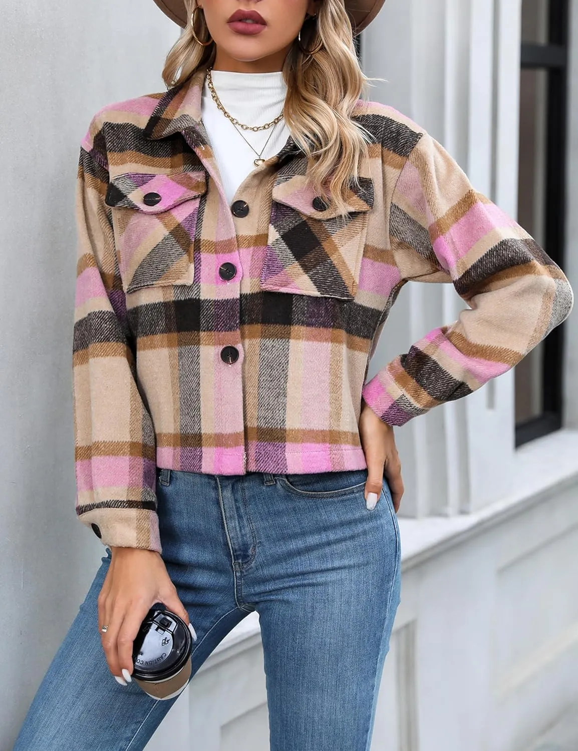 Wanzetaly Womens Cropped Plaid Shacket Jacket Flannel Wool Blend Lapel Button Down Jackets