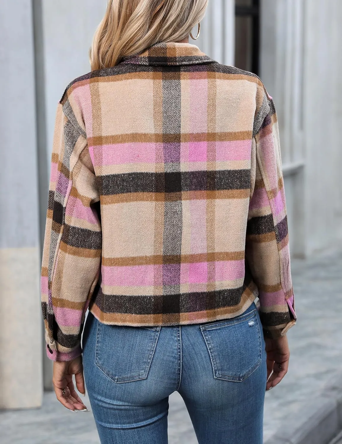 Wanzetaly Womens Cropped Plaid Shacket Jacket Flannel Wool Blend Lapel Button Down Jackets