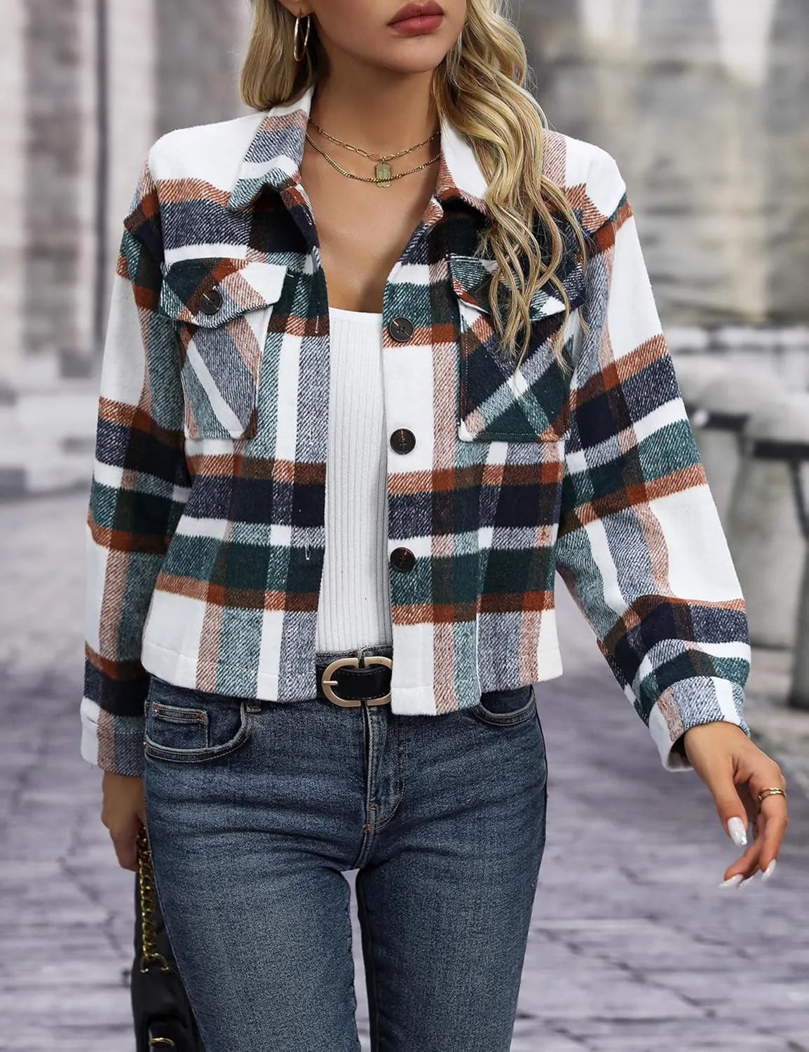 Wanzetaly Womens Cropped Plaid Shacket Jacket Flannel Wool Blend Lapel Button Down Jackets
