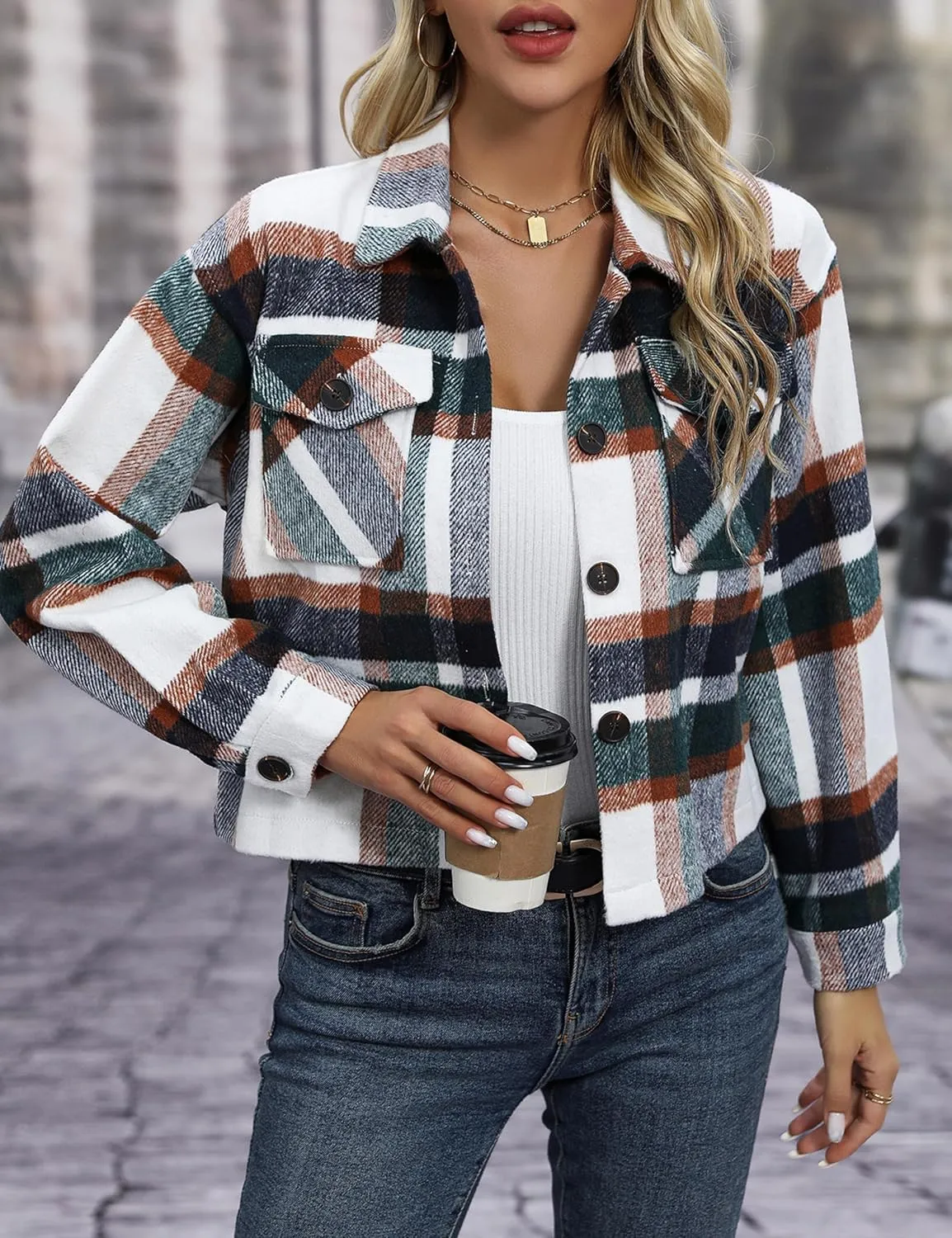 Wanzetaly Womens Cropped Plaid Shacket Jacket Flannel Wool Blend Lapel Button Down Jackets