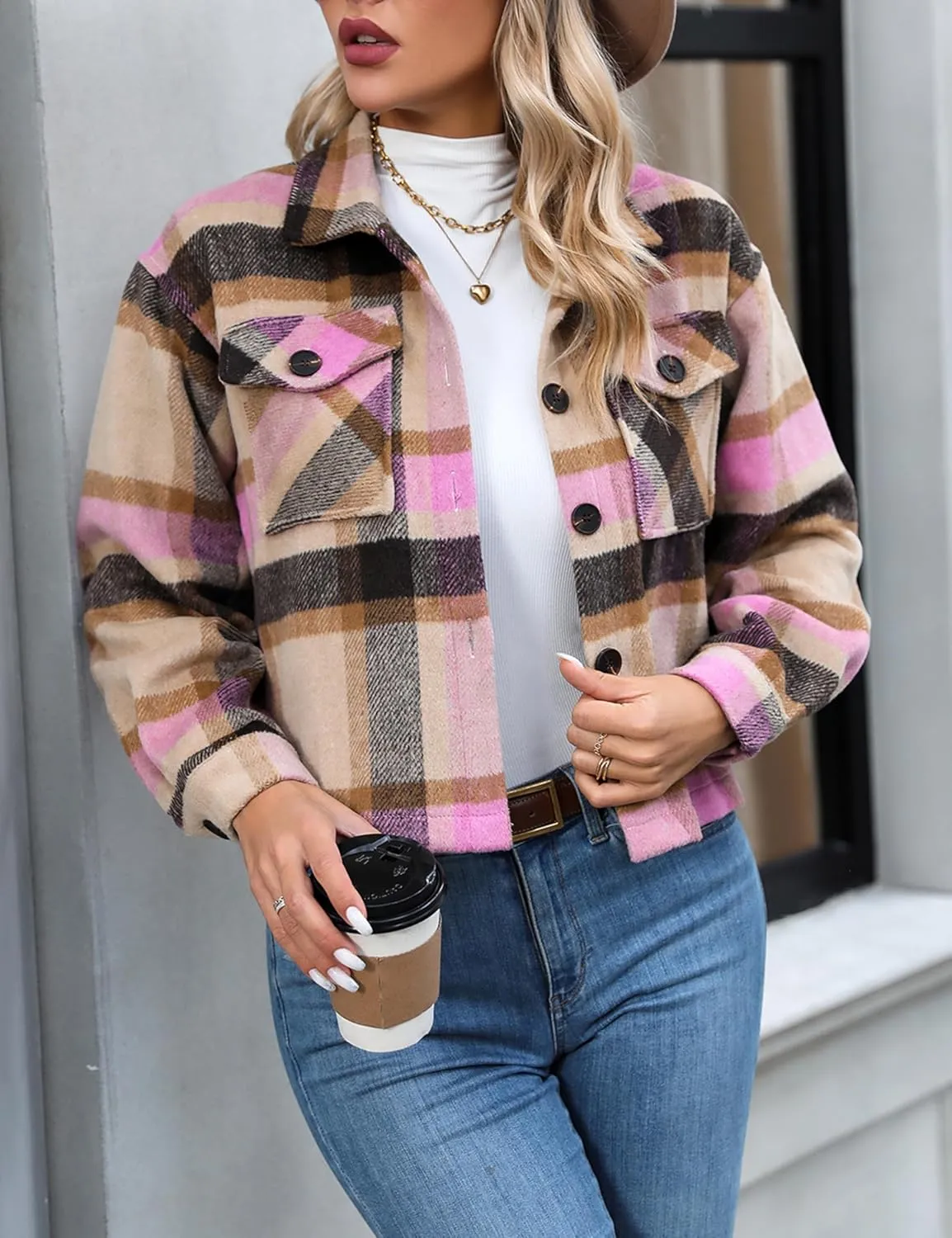 Wanzetaly Womens Cropped Plaid Shacket Jacket Flannel Wool Blend Lapel Button Down Jackets