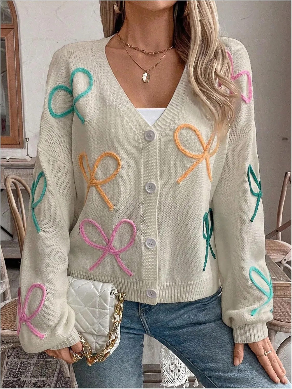 WDIRARA Women's Bow Button Down Cardigan V Neck Long Sleeve Drop Shoulder Knit Sweater