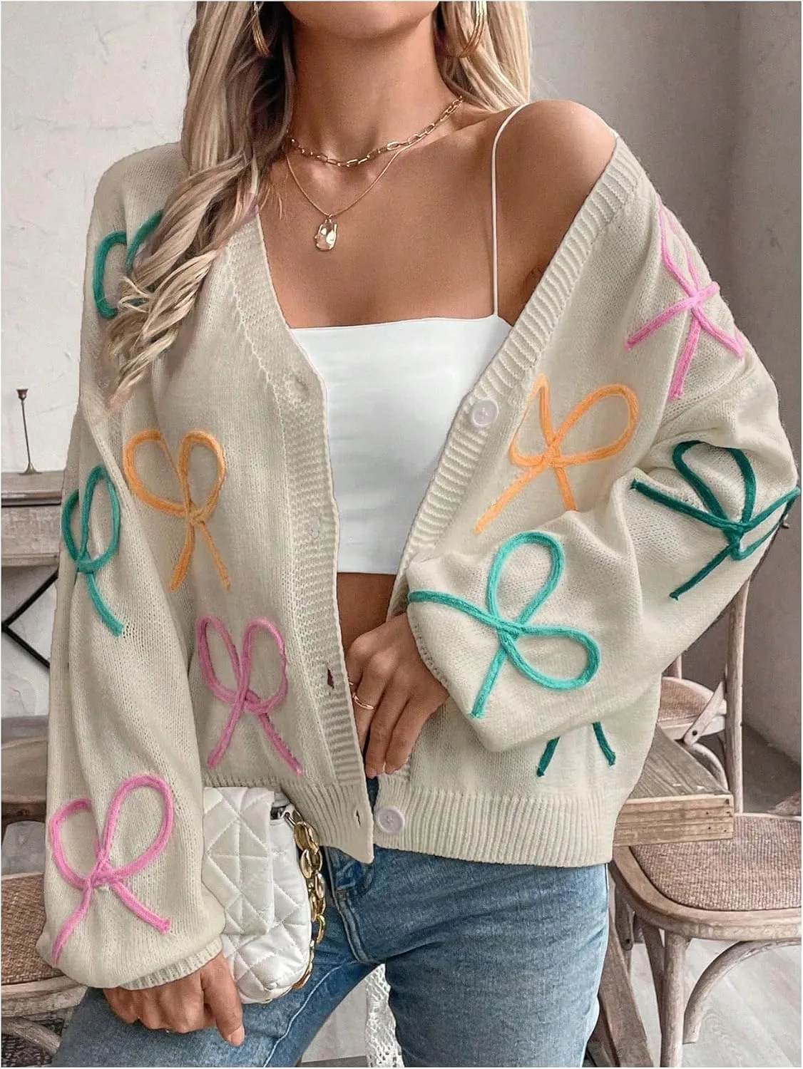 WDIRARA Women's Bow Button Down Cardigan V Neck Long Sleeve Drop Shoulder Knit Sweater