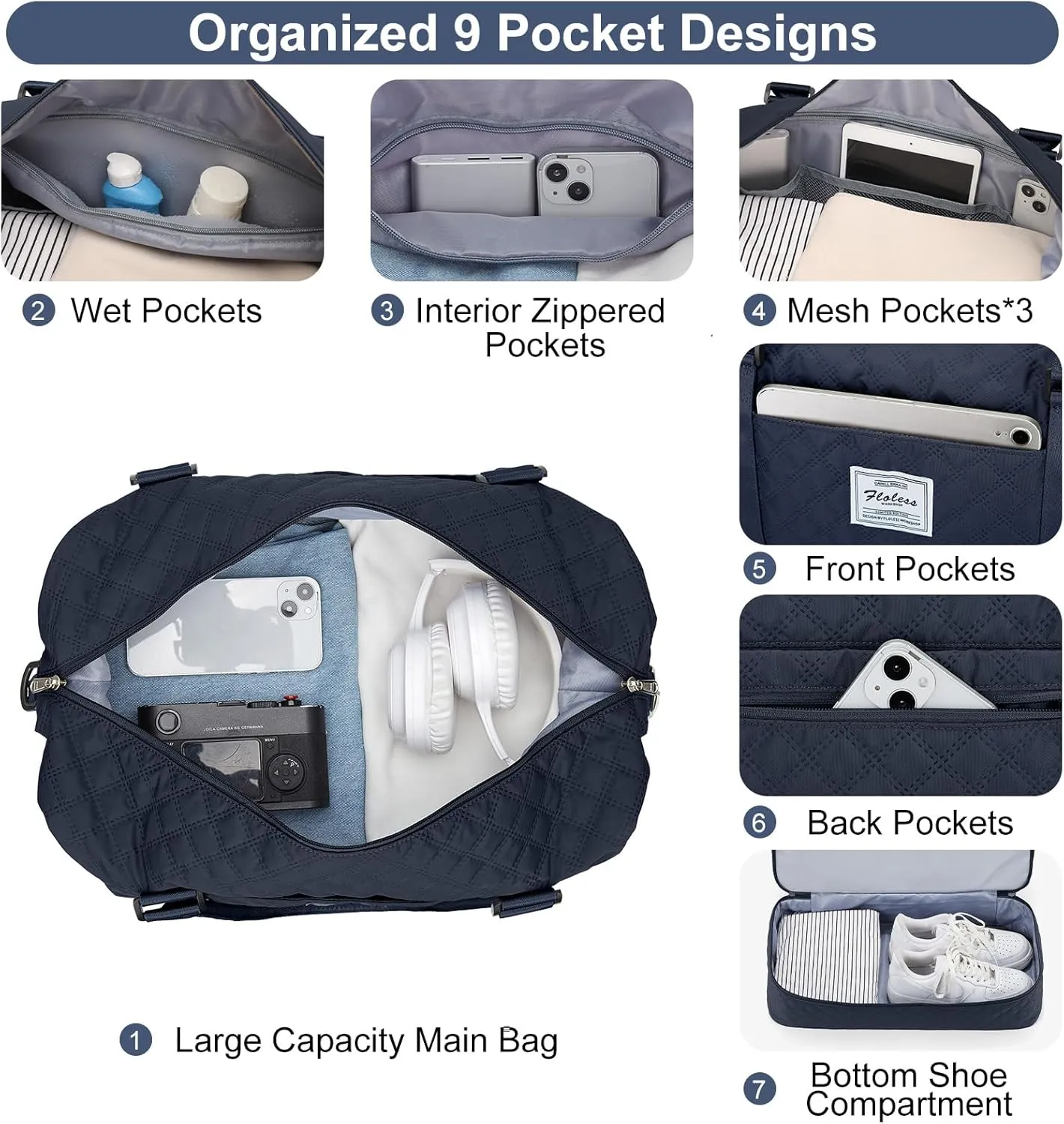 Weekender Bags for Women, Carry-On Personal Item Bag, Overnight Travel Duffel Bag with Shoes Compartment &Trolley Sleeve, A-Navy Blue with Shoes Compartment, Set(travel Bag toiletry Bag)