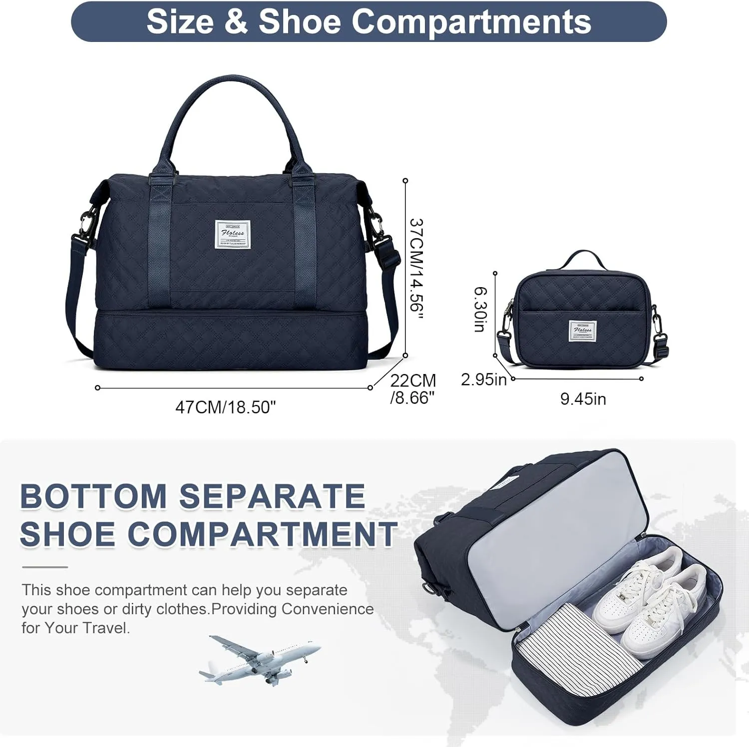 Weekender Bags for Women, Carry-On Personal Item Bag, Overnight Travel Duffel Bag with Shoes Compartment &Trolley Sleeve, A-Navy Blue with Shoes Compartment, Set(travel Bag toiletry Bag)