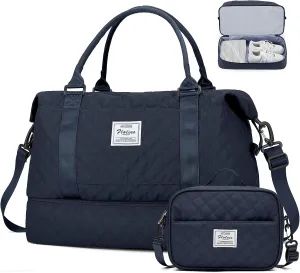 Weekender Bags for Women, Carry-On Personal Item Bag, Overnight Travel Duffel Bag with Shoes Compartment &Trolley Sleeve, A-Navy Blue with Shoes Compartment, Set(travel Bag toiletry Bag)