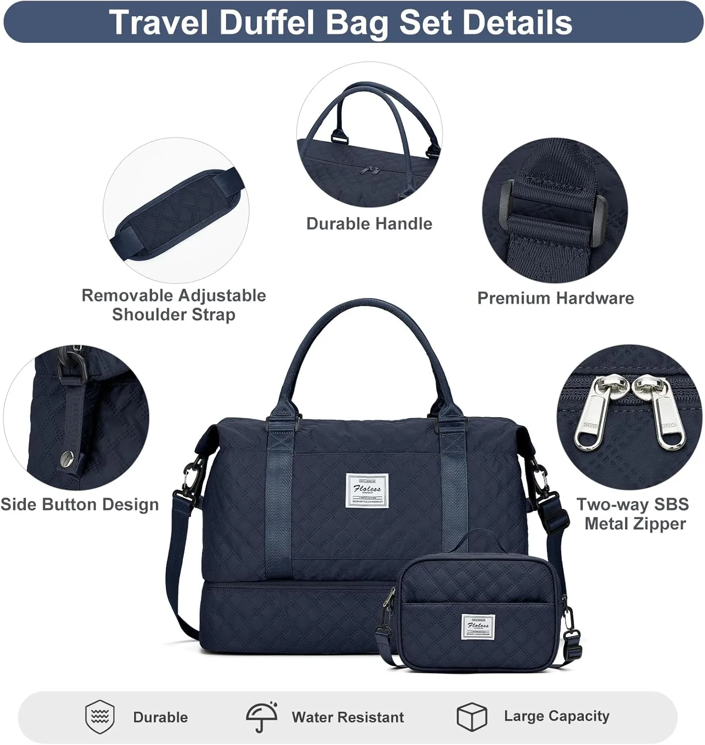 Weekender Bags for Women, Carry-On Personal Item Bag, Overnight Travel Duffel Bag with Shoes Compartment &Trolley Sleeve, A-Navy Blue with Shoes Compartment, Set(travel Bag toiletry Bag)