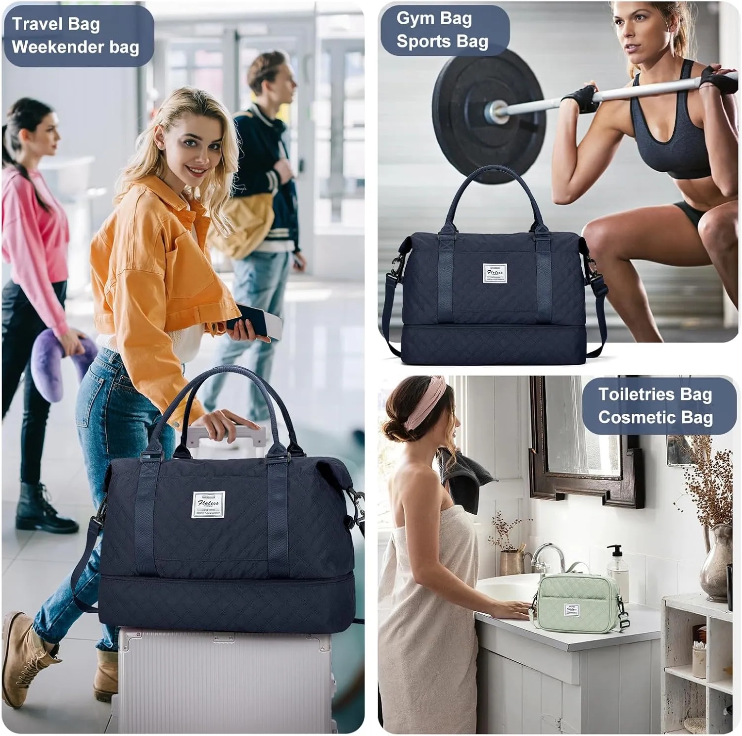 Weekender Bags for Women, Carry-On Personal Item Bag, Overnight Travel Duffel Bag with Shoes Compartment &Trolley Sleeve, A-Navy Blue with Shoes Compartment, Set(travel Bag toiletry Bag)