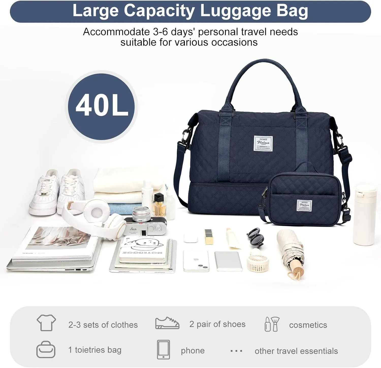 Weekender Bags for Women, Carry-On Personal Item Bag, Overnight Travel Duffel Bag with Shoes Compartment &Trolley Sleeve, A-Navy Blue with Shoes Compartment, Set(travel Bag toiletry Bag)