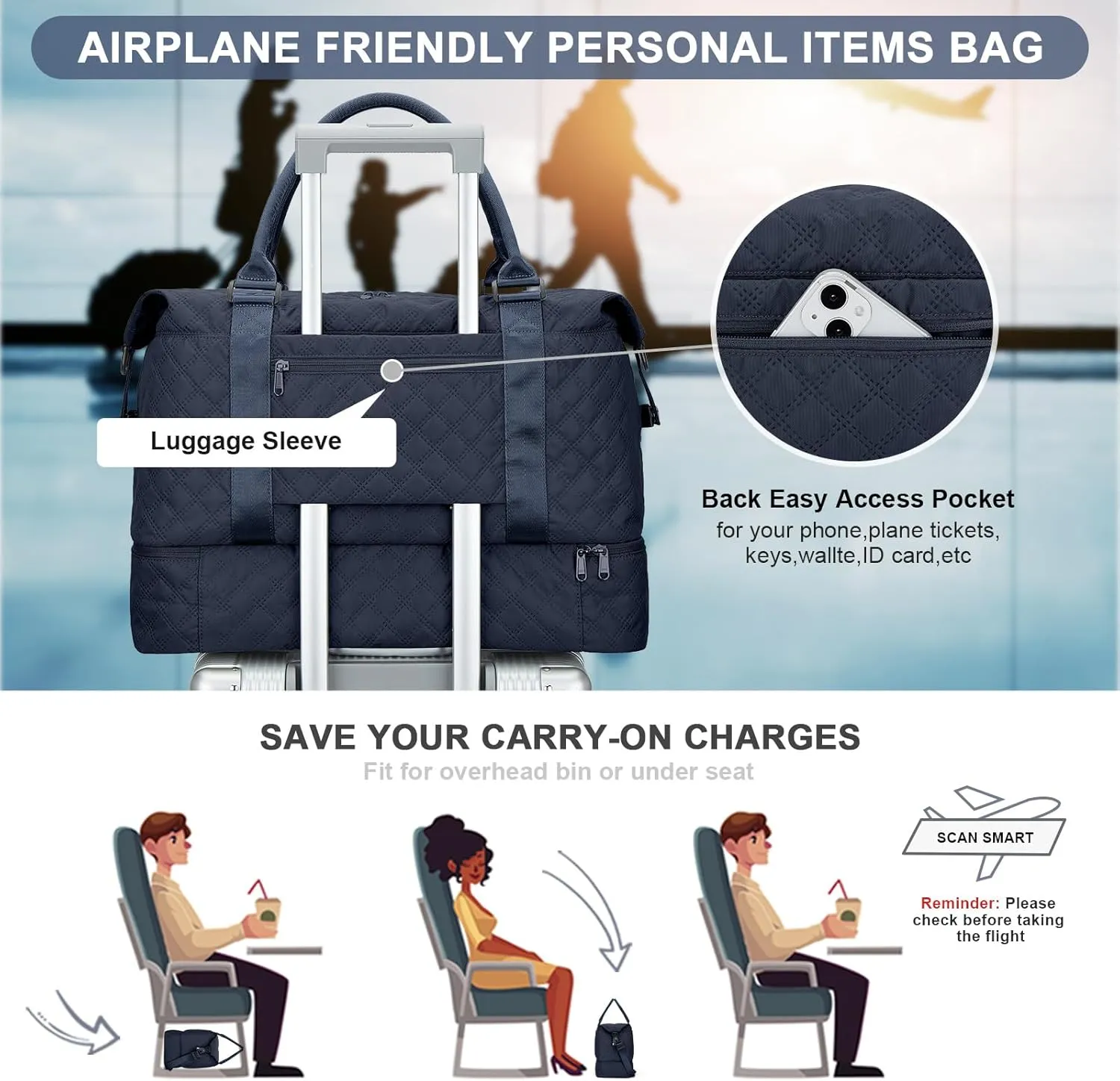 Weekender Bags for Women, Carry-On Personal Item Bag, Overnight Travel Duffel Bag with Shoes Compartment &Trolley Sleeve, A-Navy Blue with Shoes Compartment, Set(travel Bag toiletry Bag)