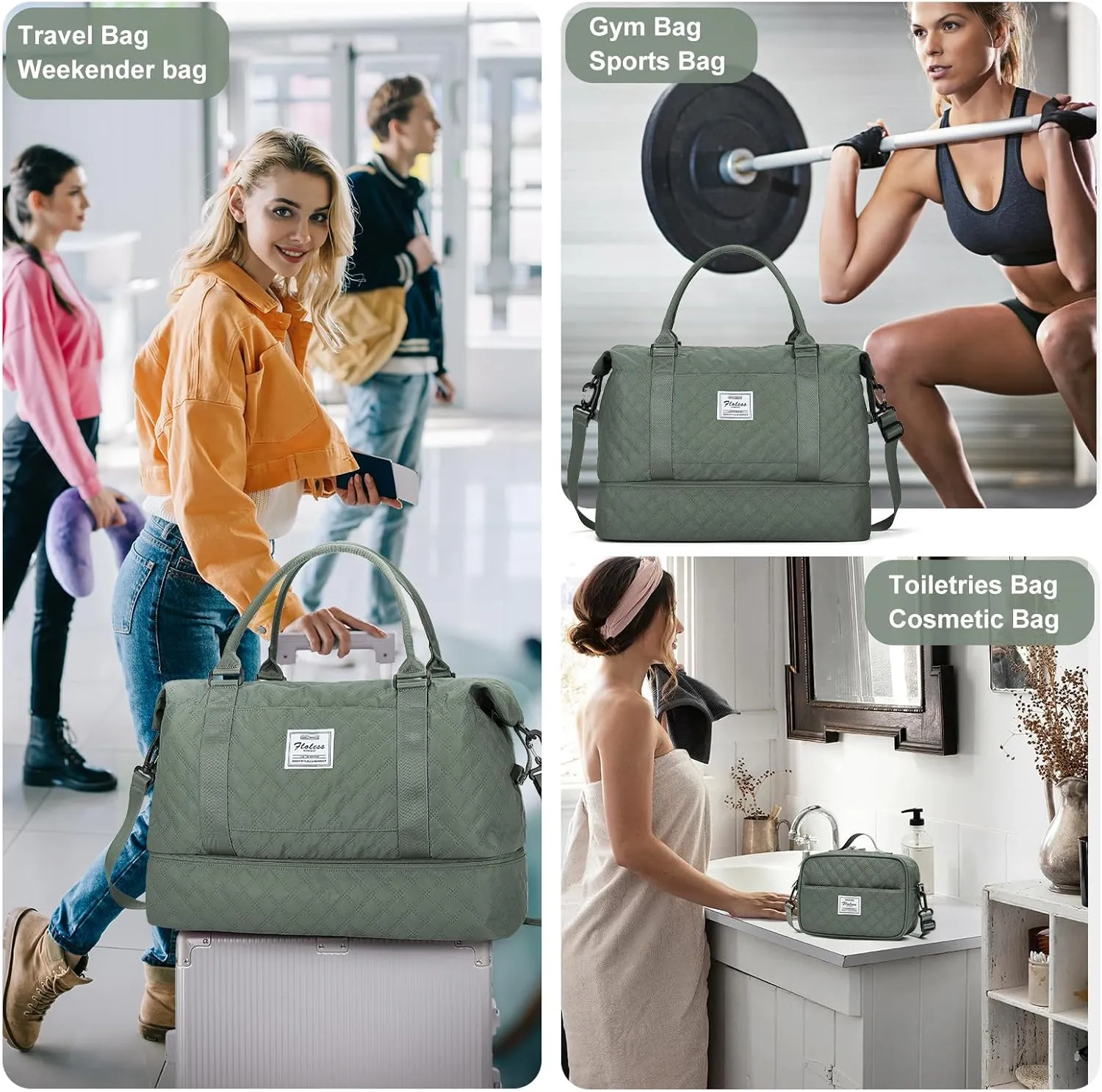 Weekender Bags for Women, Carry-On Personal Item Bag, Overnight Travel Duffel Bag with Shoes Compartment &Trolley Sleeve, A-olive Green With Shoes Compartment, Set(travel Bag toiletry Bag)