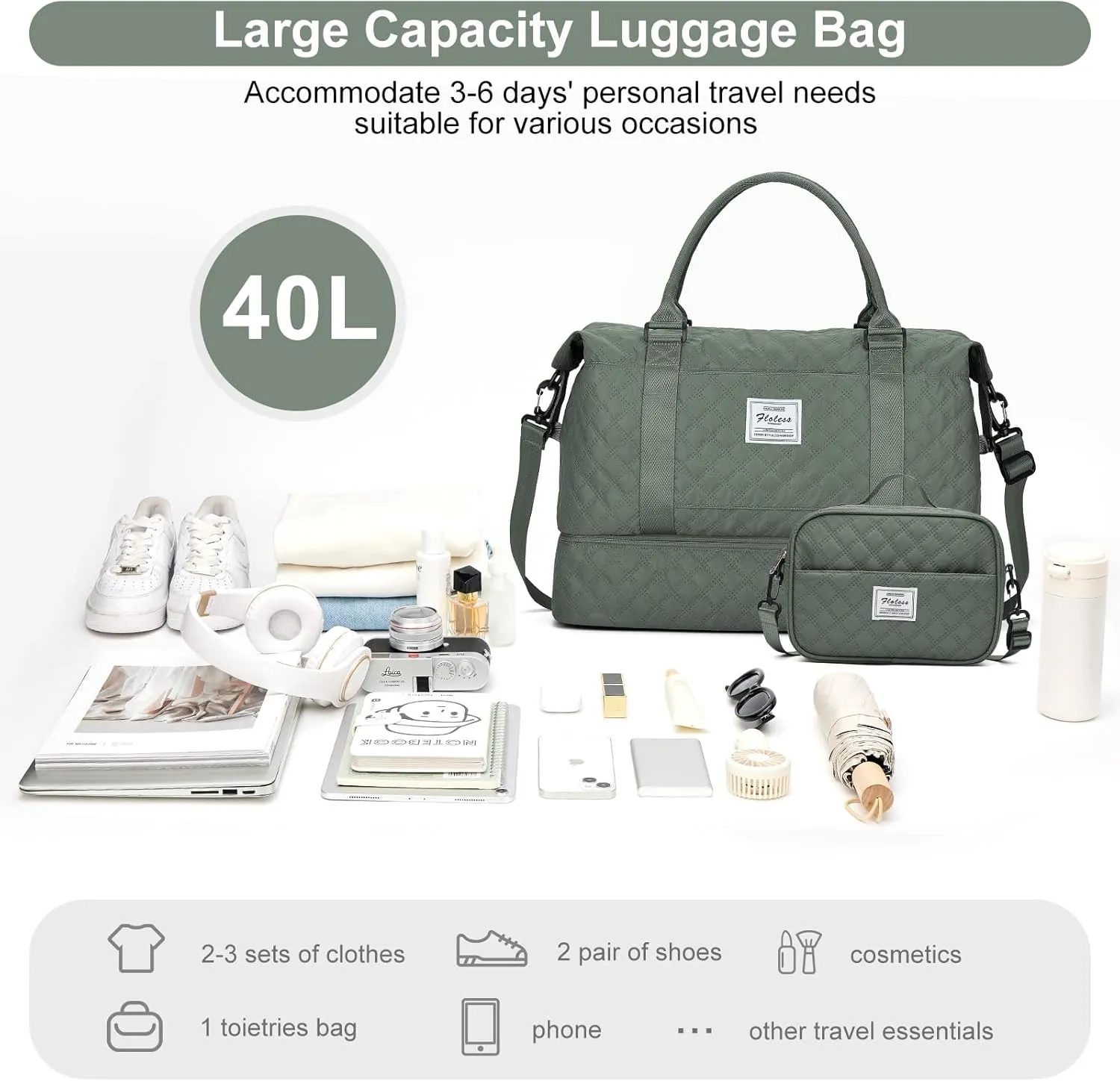 Weekender Bags for Women, Carry-On Personal Item Bag, Overnight Travel Duffel Bag with Shoes Compartment &Trolley Sleeve, A-olive Green With Shoes Compartment, Set(travel Bag toiletry Bag)