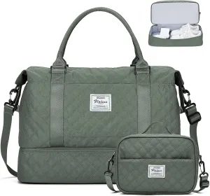 Weekender Bags for Women, Carry-On Personal Item Bag, Overnight Travel Duffel Bag with Shoes Compartment &Trolley Sleeve, A-olive Green With Shoes Compartment, Set(travel Bag toiletry Bag)