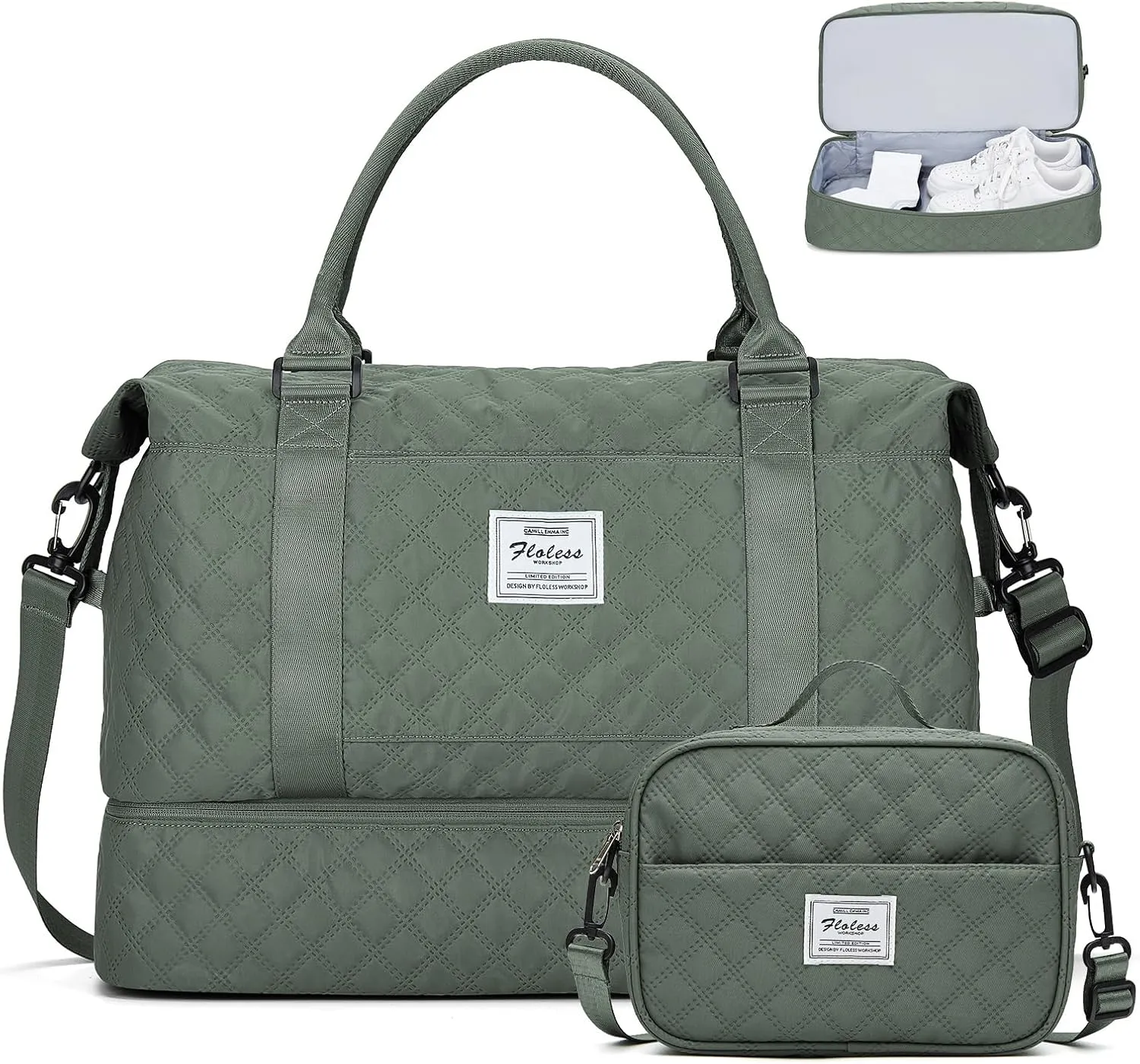 Weekender Bags for Women, Carry-On Personal Item Bag, Overnight Travel Duffel Bag with Shoes Compartment &Trolley Sleeve, A-olive Green With Shoes Compartment, Set(travel Bag toiletry Bag)
