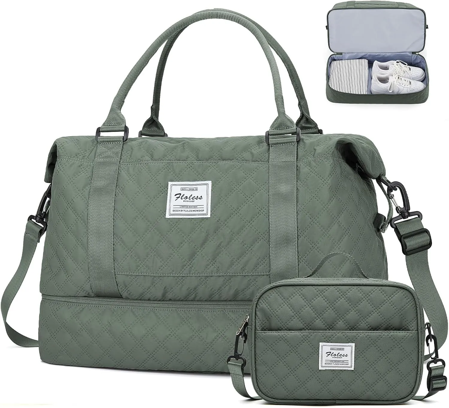 Weekender Bags for Women, Carry-On Personal Item Bag, Overnight Travel Duffel Bag with Shoes Compartment &Trolley Sleeve, A-olive Green With Shoes Compartment, Set(travel Bag toiletry Bag)