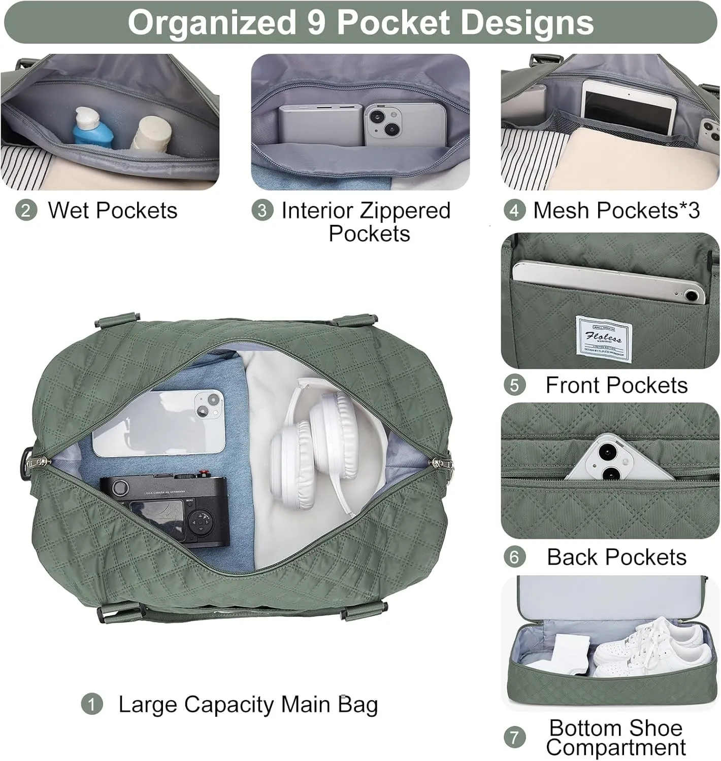Weekender Bags for Women, Carry-On Personal Item Bag, Overnight Travel Duffel Bag with Shoes Compartment &Trolley Sleeve, A-olive Green With Shoes Compartment, Set(travel Bag toiletry Bag)