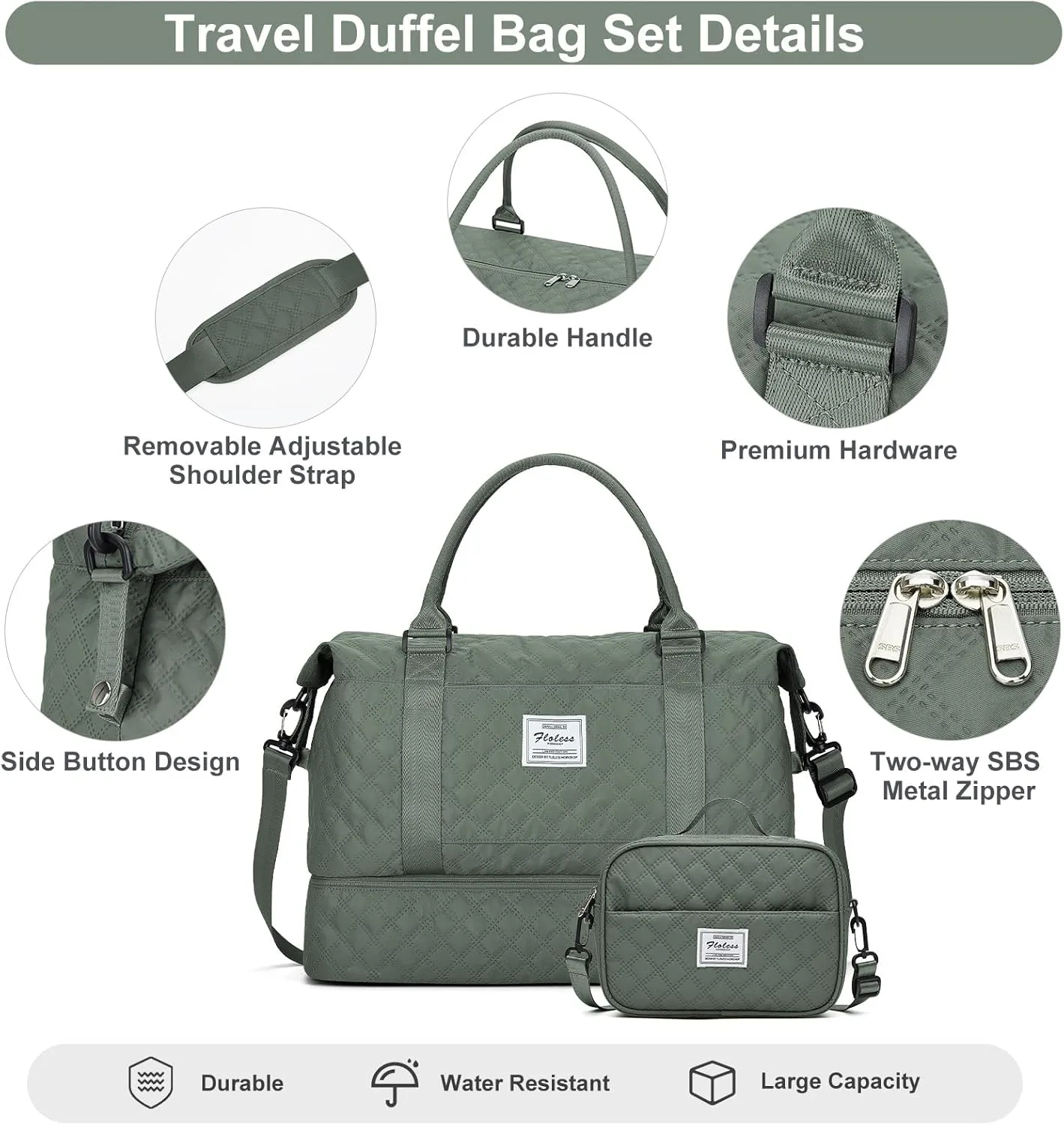 Weekender Bags for Women, Carry-On Personal Item Bag, Overnight Travel Duffel Bag with Shoes Compartment &Trolley Sleeve, A-olive Green With Shoes Compartment, Set(travel Bag toiletry Bag)
