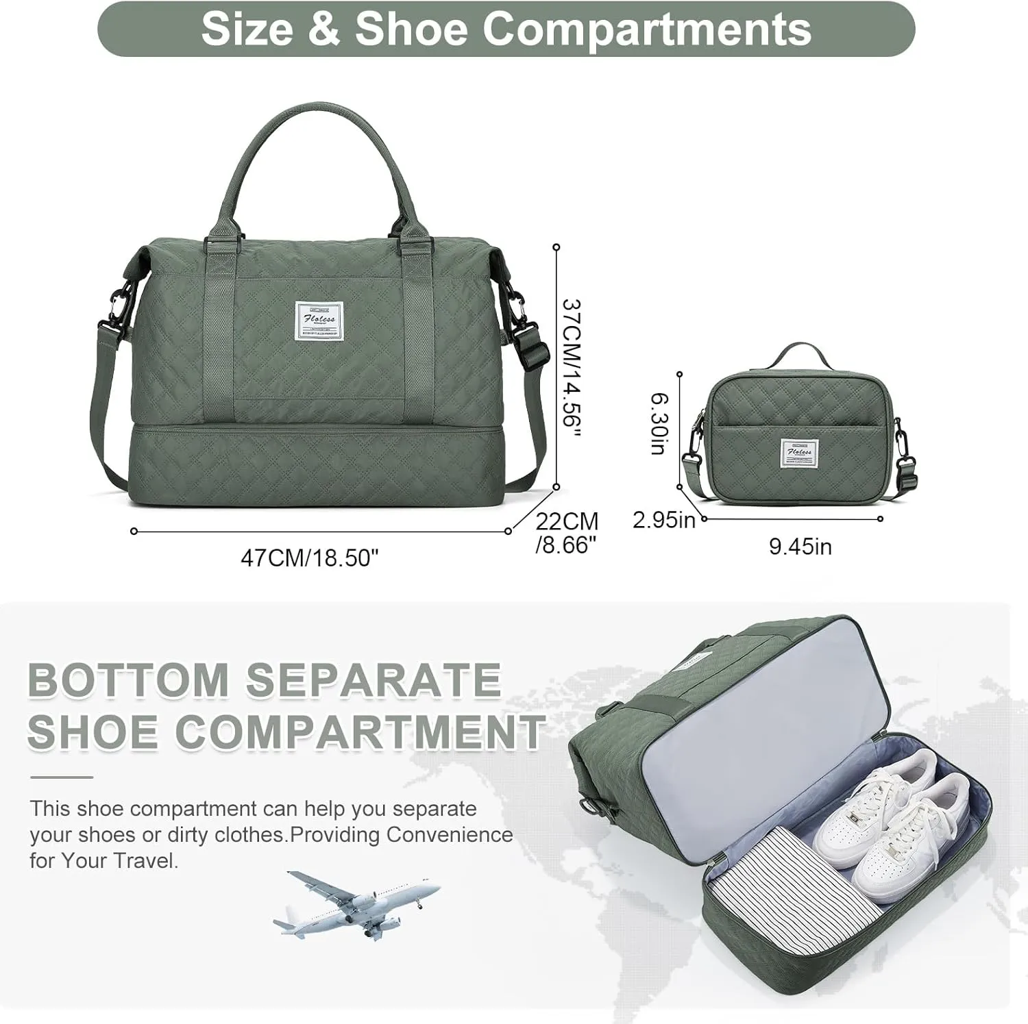 Weekender Bags for Women, Carry-On Personal Item Bag, Overnight Travel Duffel Bag with Shoes Compartment &Trolley Sleeve, A-olive Green With Shoes Compartment, Set(travel Bag toiletry Bag)