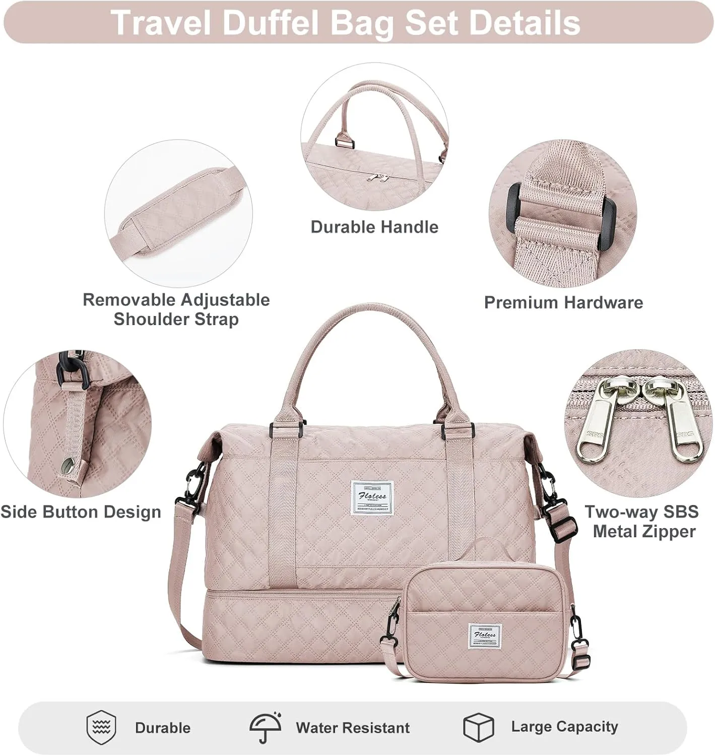 Weekender Bags for Women, Carry-On Personal Item Bag, Overnight Travel Duffel Bag with Shoes Compartment &Trolley Sleeve, A-pink With Shoes Compartment, Set(travel Bag toiletry Bag)