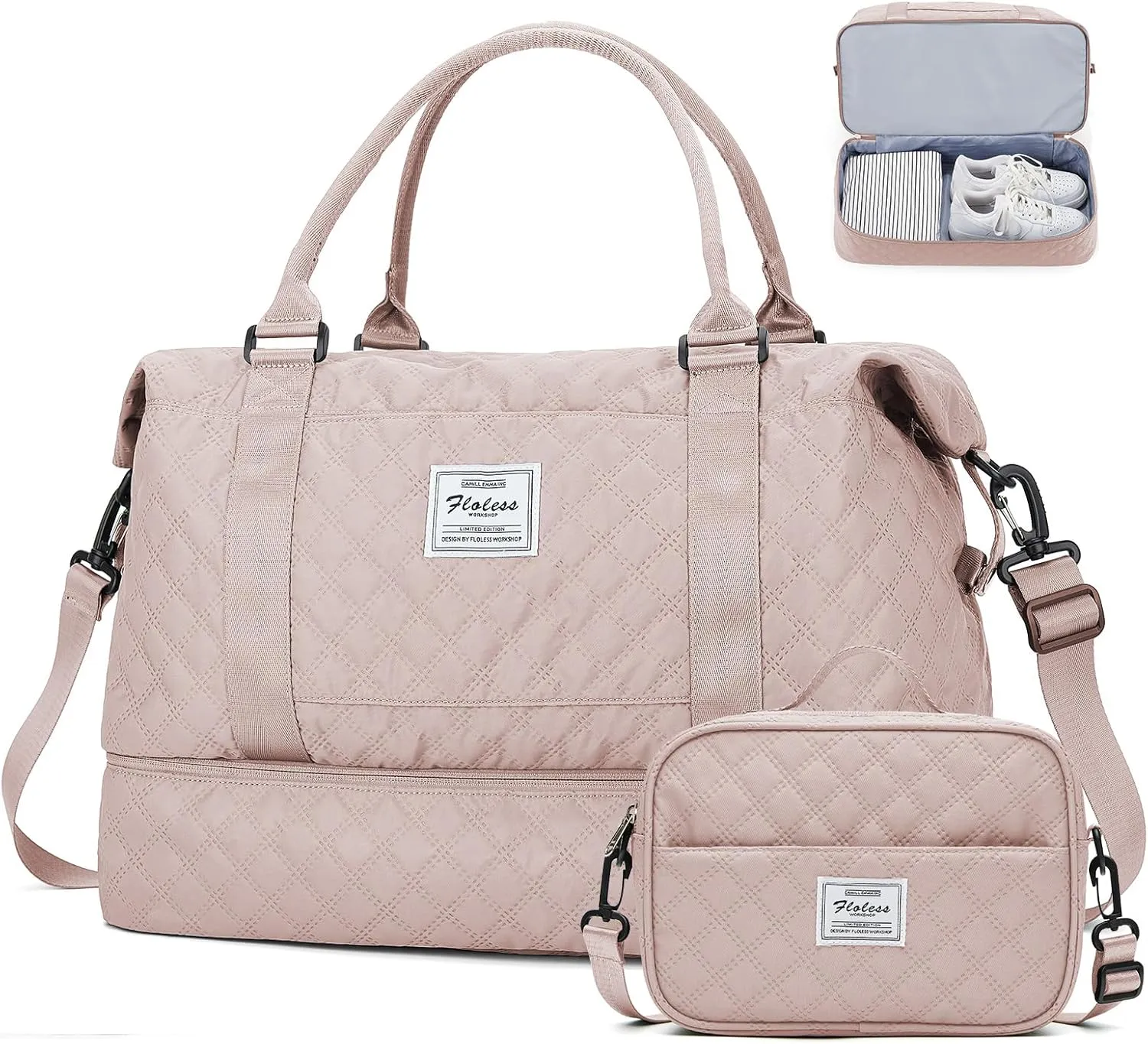 Weekender Bags for Women, Carry-On Personal Item Bag, Overnight Travel Duffel Bag with Shoes Compartment &Trolley Sleeve, A-pink With Shoes Compartment, Set(travel Bag toiletry Bag)