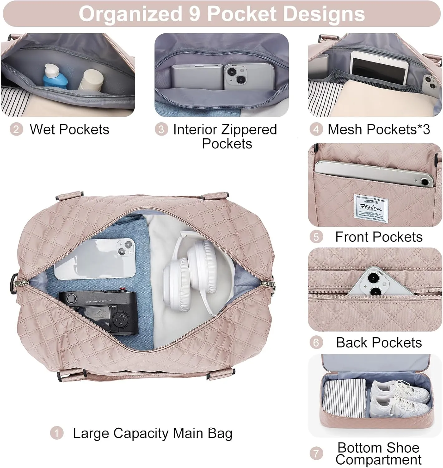 Weekender Bags for Women, Carry-On Personal Item Bag, Overnight Travel Duffel Bag with Shoes Compartment &Trolley Sleeve, A-pink With Shoes Compartment, Set(travel Bag toiletry Bag)