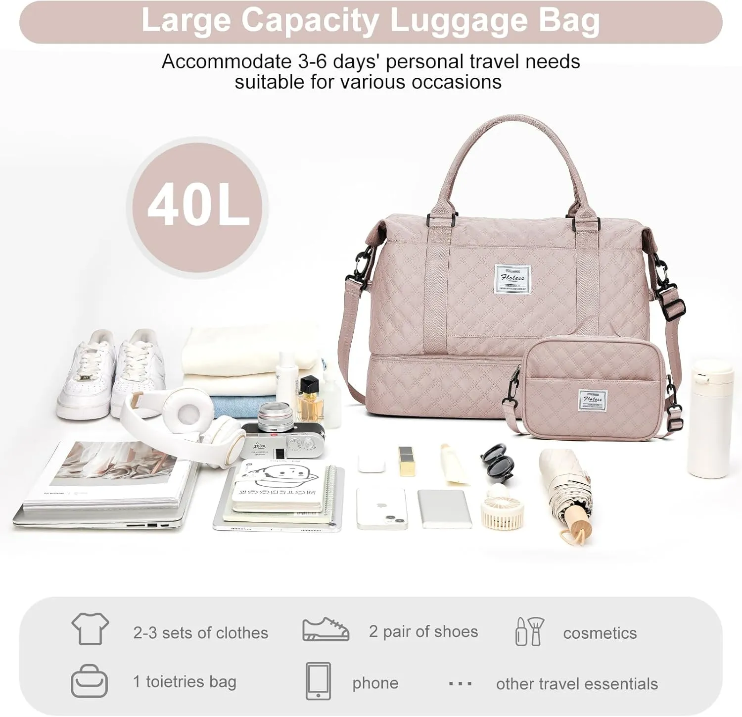 Weekender Bags for Women, Carry-On Personal Item Bag, Overnight Travel Duffel Bag with Shoes Compartment &Trolley Sleeve, A-pink With Shoes Compartment, Set(travel Bag toiletry Bag)