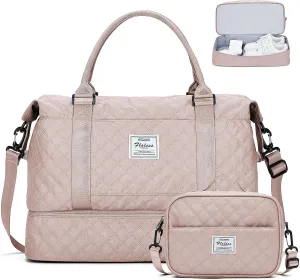 Weekender Bags for Women, Carry-On Personal Item Bag, Overnight Travel Duffel Bag with Shoes Compartment &Trolley Sleeve, A-pink With Shoes Compartment, Set(travel Bag toiletry Bag)