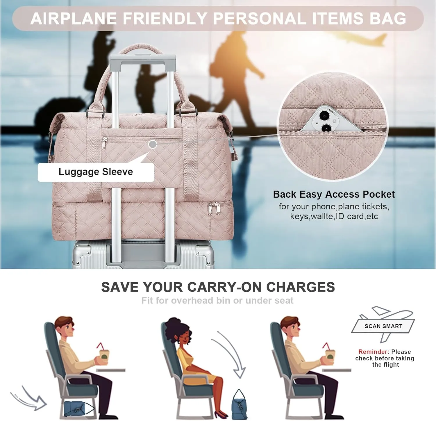 Weekender Bags for Women, Carry-On Personal Item Bag, Overnight Travel Duffel Bag with Shoes Compartment &Trolley Sleeve, A-pink With Shoes Compartment, Set(travel Bag toiletry Bag)