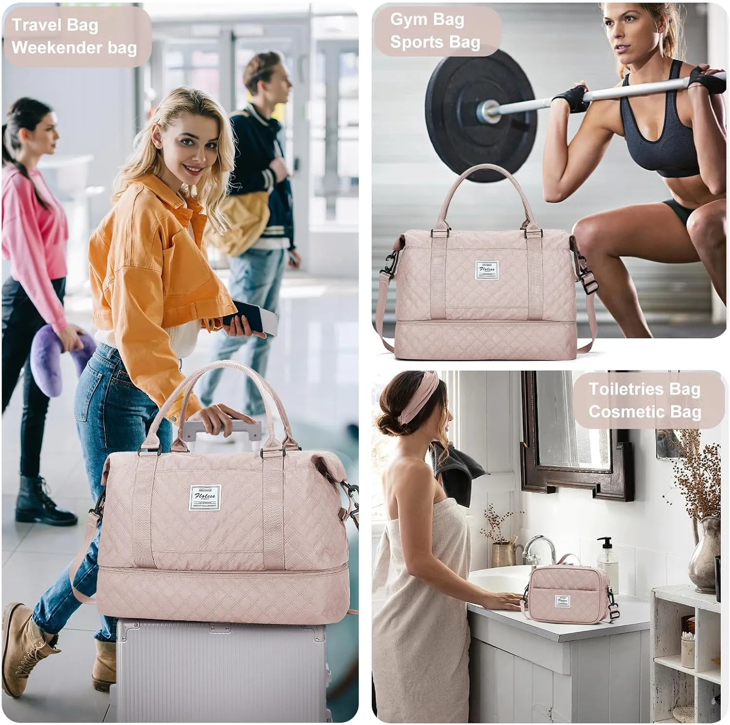 Weekender Bags for Women, Carry-On Personal Item Bag, Overnight Travel Duffel Bag with Shoes Compartment &Trolley Sleeve, A-pink With Shoes Compartment, Set(travel Bag toiletry Bag)