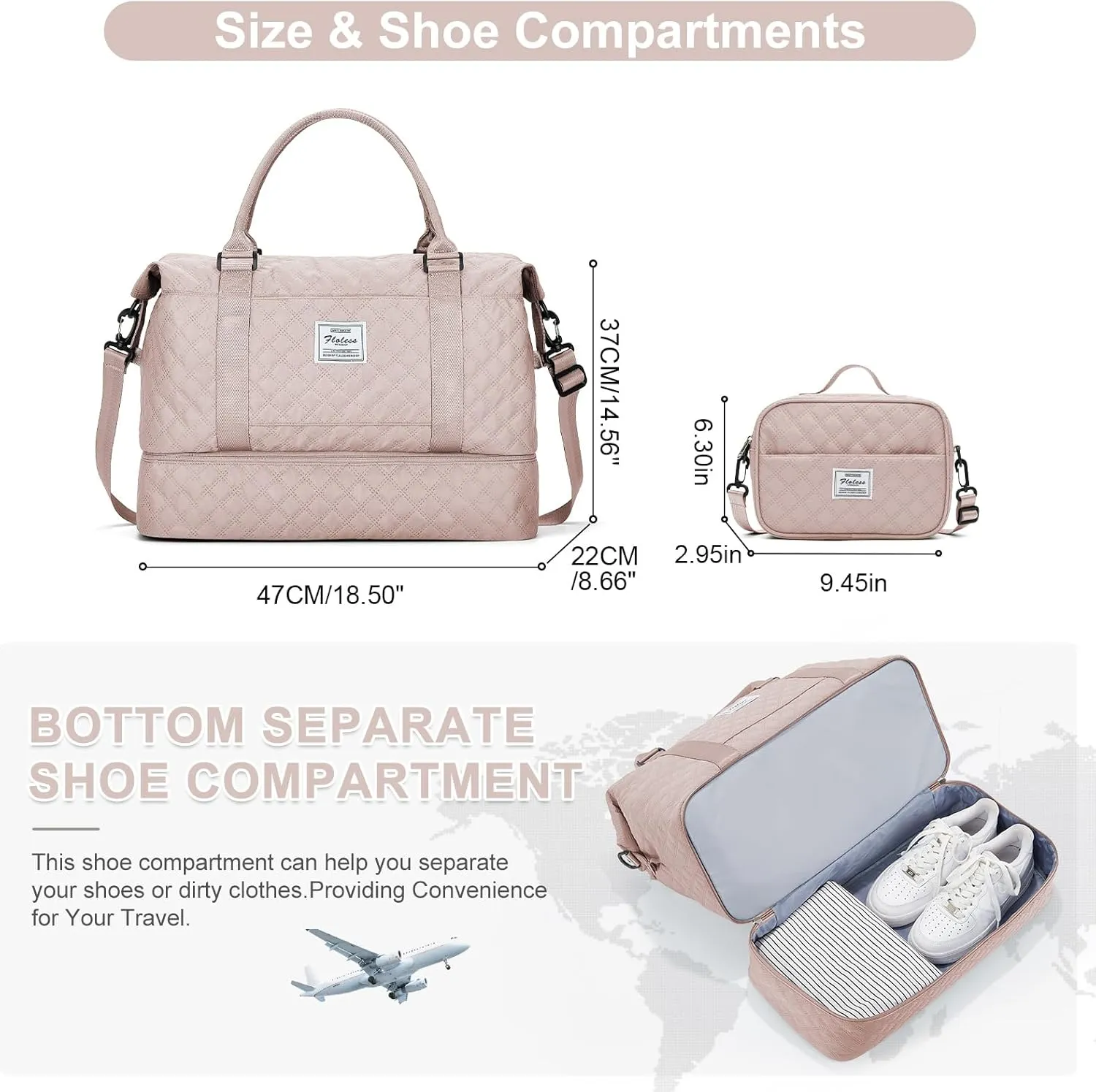 Weekender Bags for Women, Carry-On Personal Item Bag, Overnight Travel Duffel Bag with Shoes Compartment &Trolley Sleeve, A-pink With Shoes Compartment, Set(travel Bag toiletry Bag)