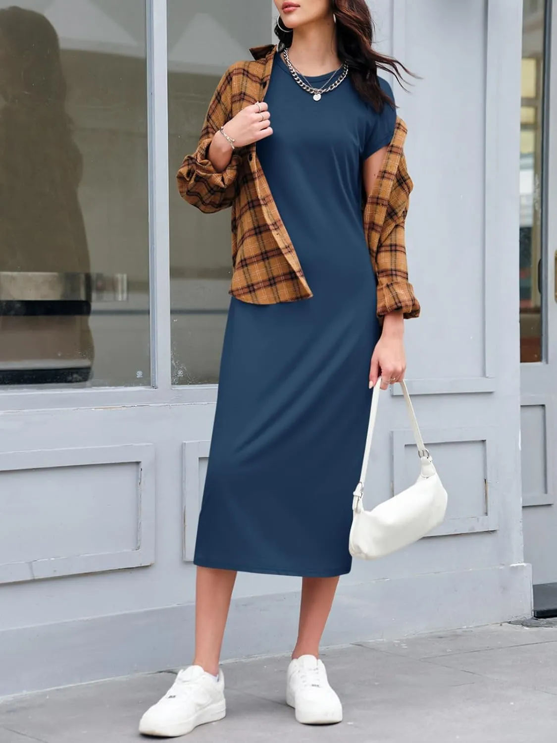 Wenrine Women's Short Sleeve T-Shirt Dress Summer Crew Neck Basic Solid Casual Long Midi Dresses