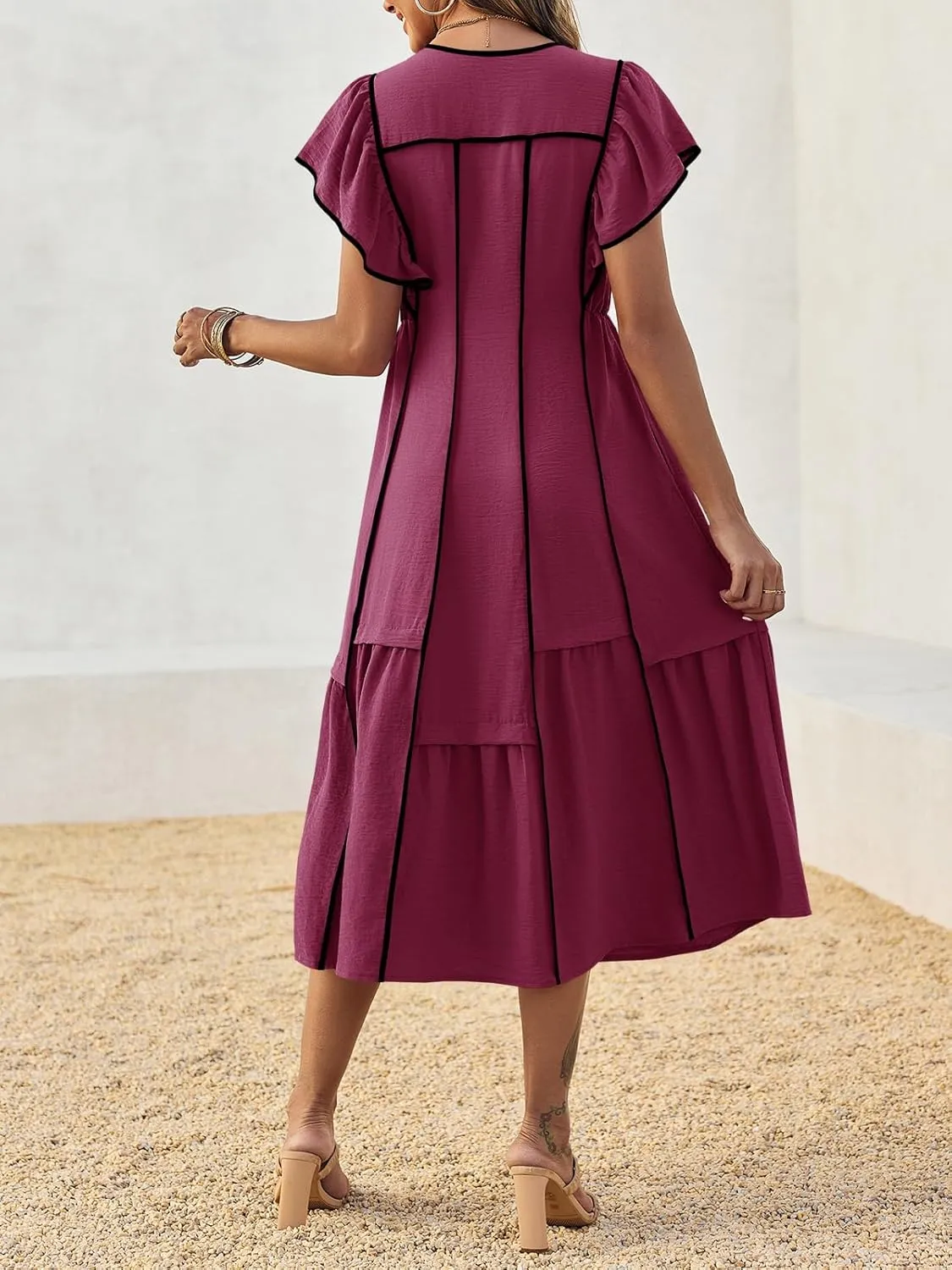 Wenrine Womens Summer V Neck Midi Dress Casual Ruffle Sleeve Contrast Color Loose Fit Flowy Long Dresses