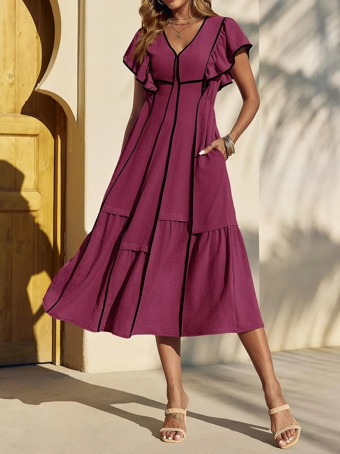 Wenrine Womens Summer V Neck Midi Dress Casual Ruffle Sleeve Contrast Color Loose Fit Flowy Long Dresses