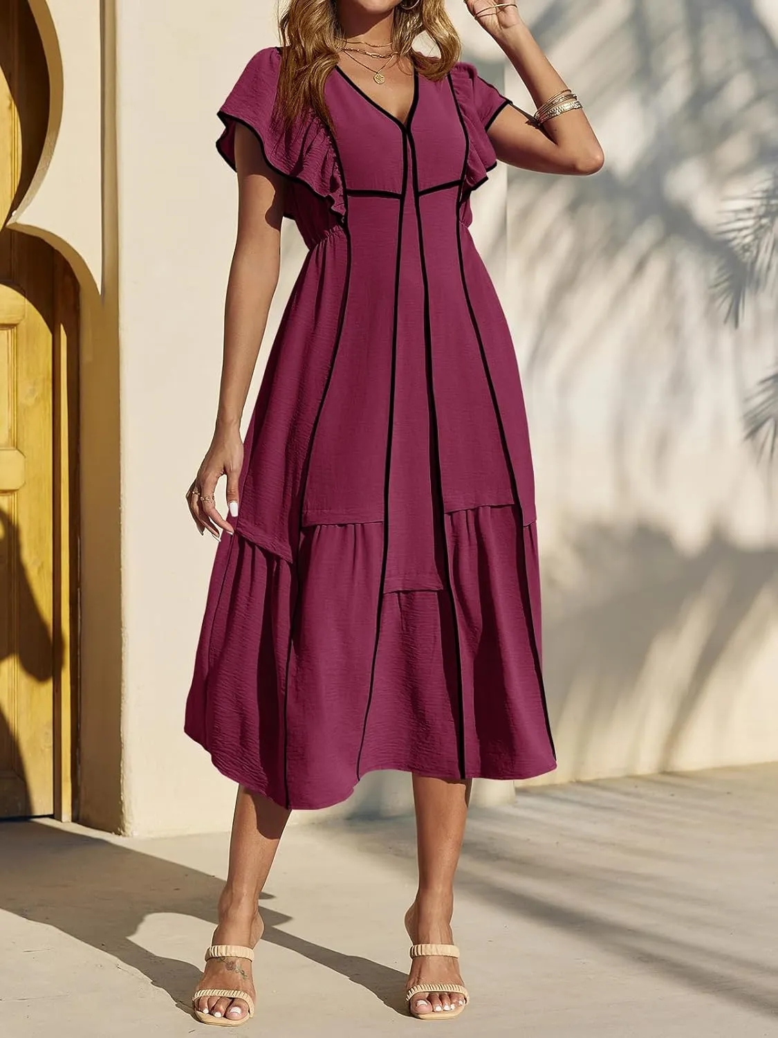Wenrine Womens Summer V Neck Midi Dress Casual Ruffle Sleeve Contrast Color Loose Fit Flowy Long Dresses