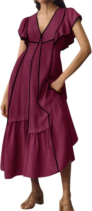 Wenrine Womens Summer V Neck Midi Dress Casual Ruffle Sleeve Contrast Color Loose Fit Flowy Long Dresses