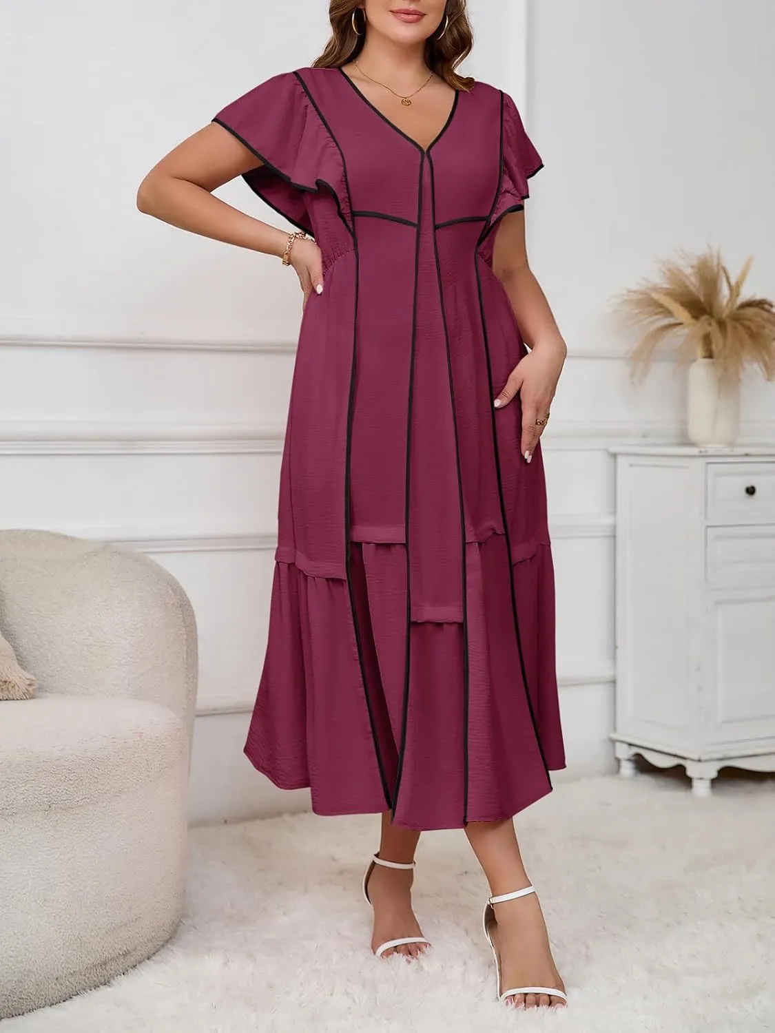 Wenrine Womens Summer V Neck Midi Dress Casual Ruffle Sleeve Contrast Color Loose Fit Flowy Long Dresses