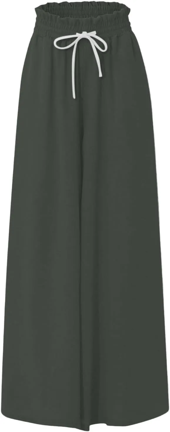 Wide Leg Pants Woman High Waisted Floral Boho Beach Casual Pants Cute Summer Flowy Palazzo Culottes with Pockets
