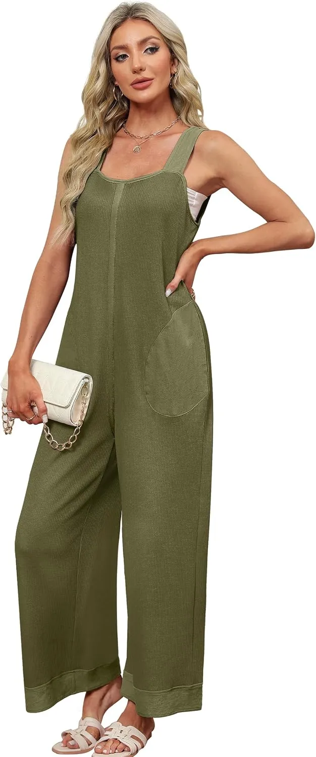 WIHOLL Jumpsuits for Women Waffle Knit Summer Outfits 2024 Fashion Casual One Piece Overalls Cute Wide Leg Rompers