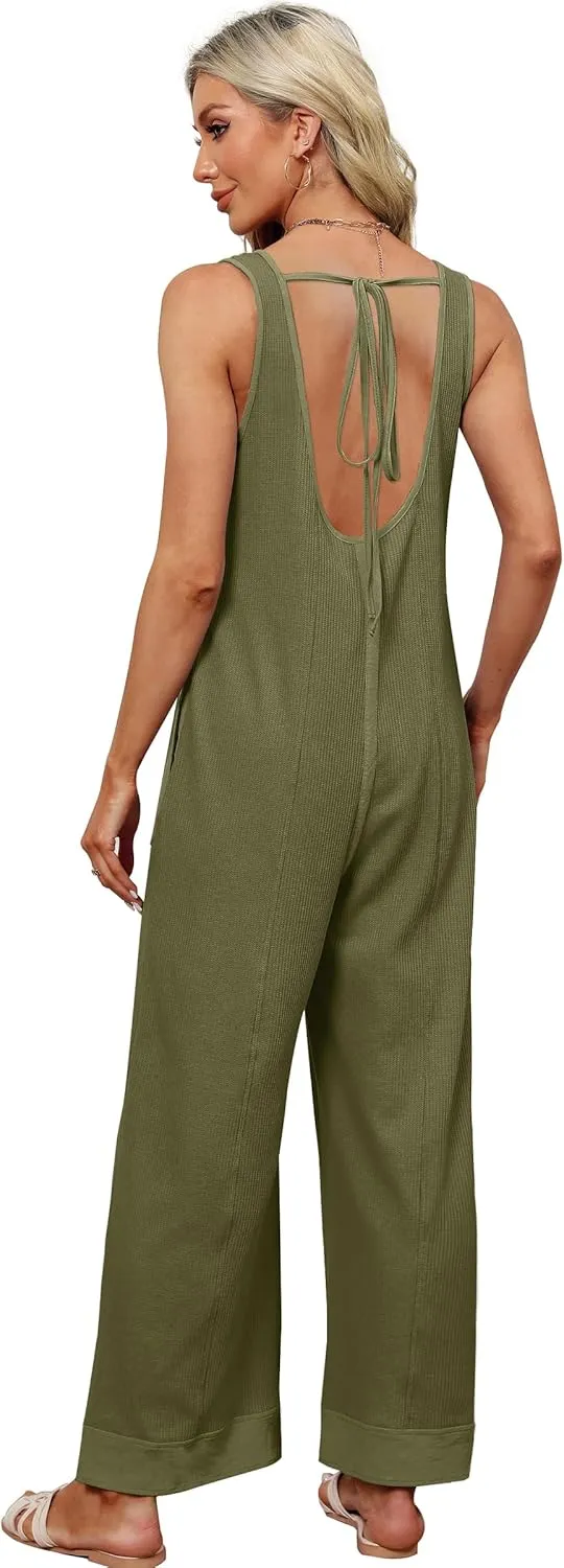 WIHOLL Jumpsuits for Women Waffle Knit Summer Outfits 2024 Fashion Casual One Piece Overalls Cute Wide Leg Rompers