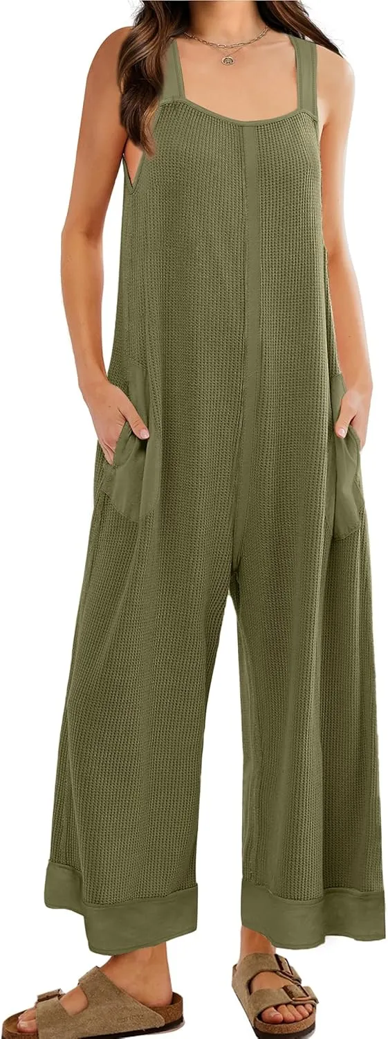 WIHOLL Jumpsuits for Women Waffle Knit Summer Outfits 2024 Fashion Casual One Piece Overalls Cute Wide Leg Rompers