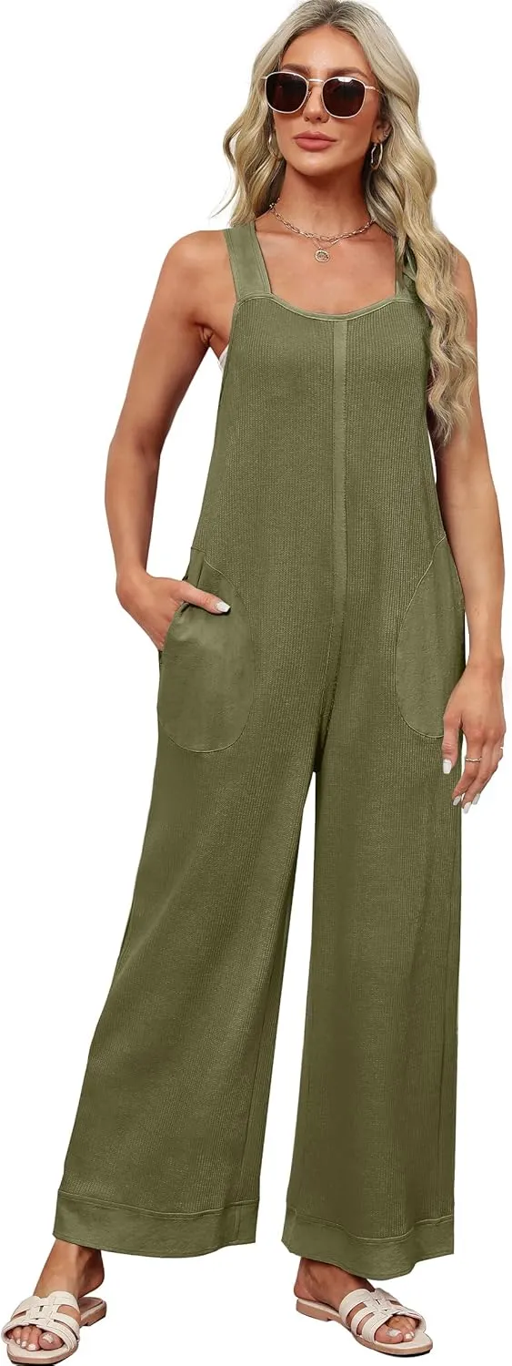 WIHOLL Jumpsuits for Women Waffle Knit Summer Outfits 2024 Fashion Casual One Piece Overalls Cute Wide Leg Rompers