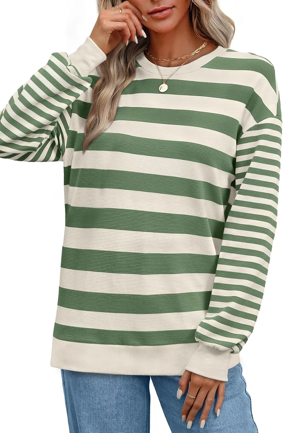 WIHOLL Womens Striped Sweatshirts Loose Fit Crew Neck Long Sleeve Tops Fall Fashion Clothes