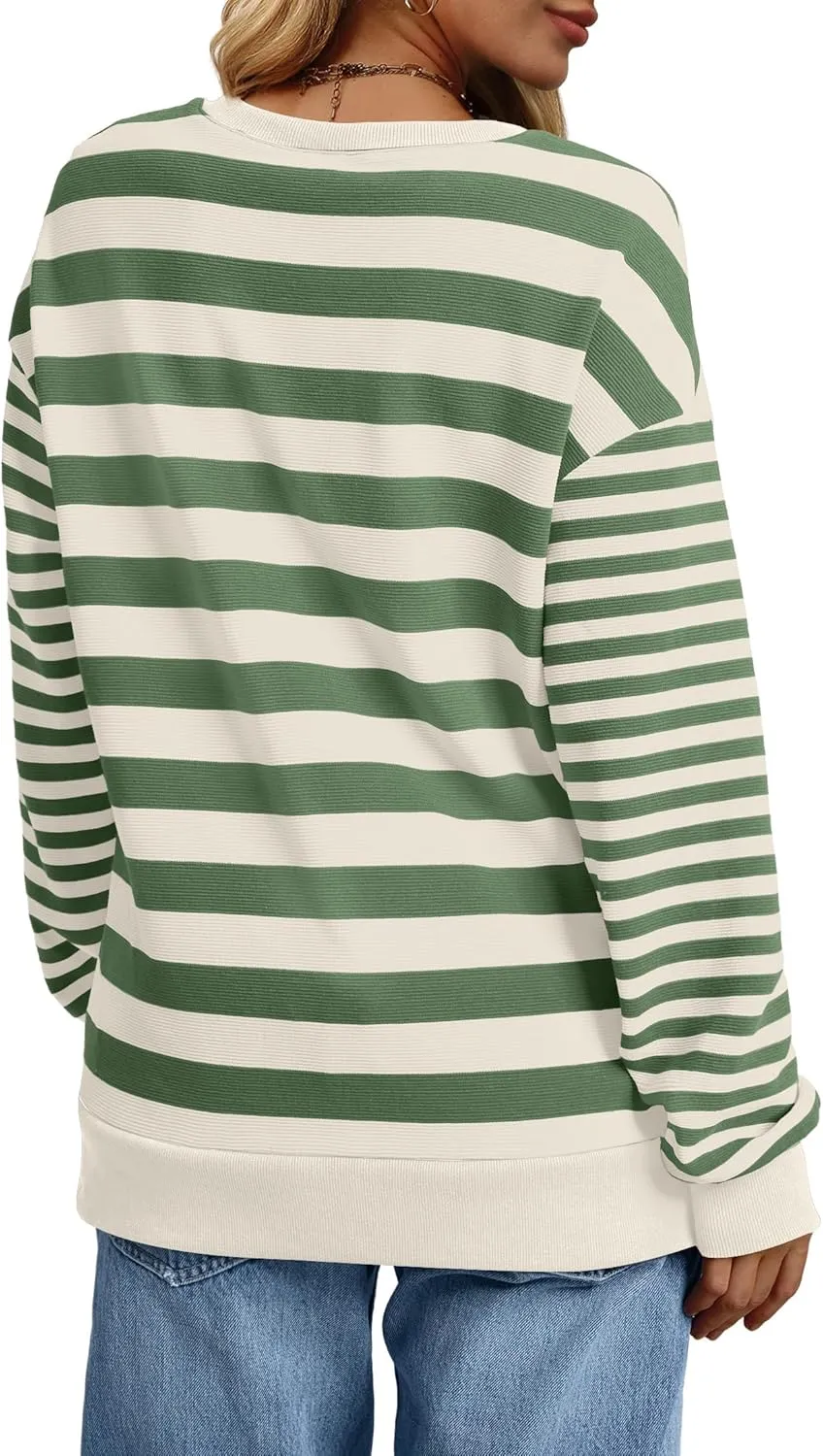 WIHOLL Womens Striped Sweatshirts Loose Fit Crew Neck Long Sleeve Tops Fall Fashion Clothes