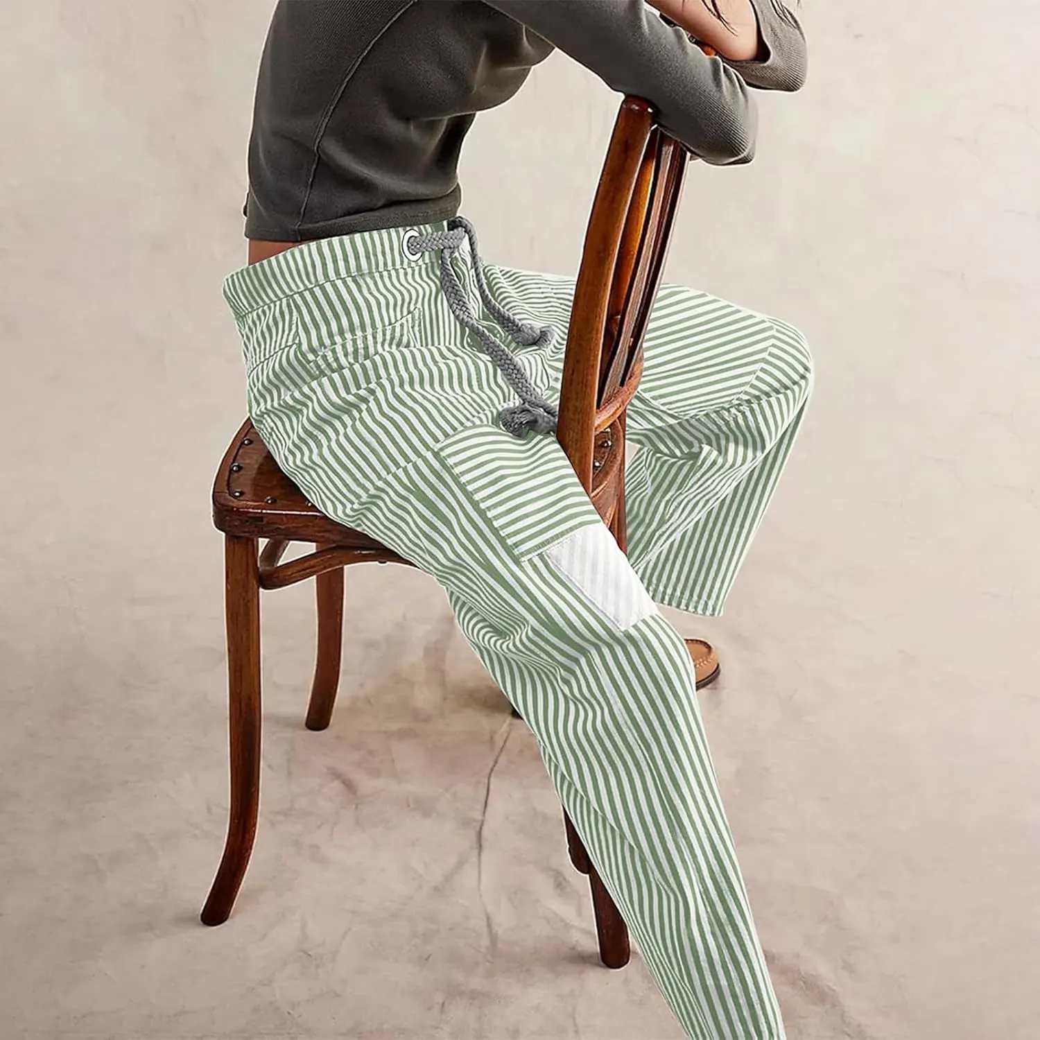 Women Baggy Striped Palazzo Pants Drawstring Patchwork Wide Leg Trousers Loose Elastic Waist Longs with Pockets