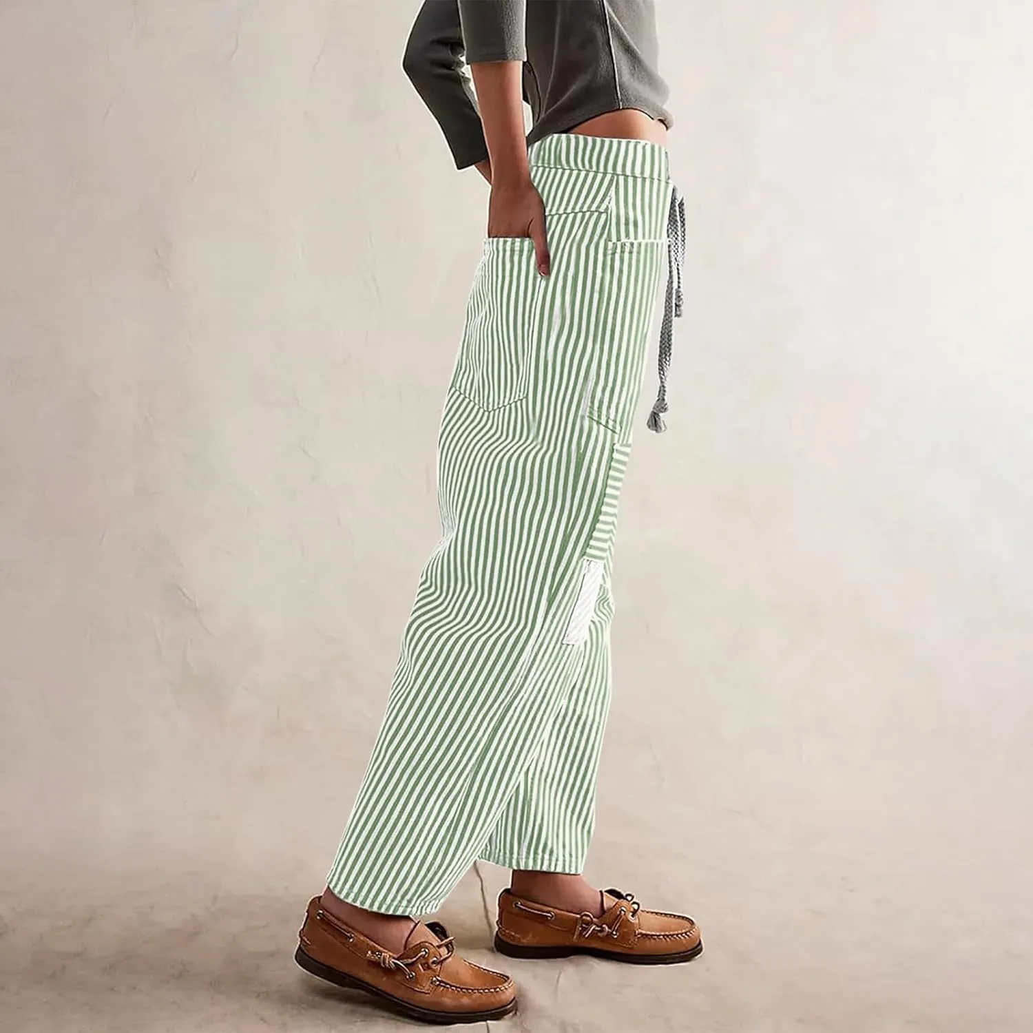 Women Baggy Striped Palazzo Pants Drawstring Patchwork Wide Leg Trousers Loose Elastic Waist Longs with Pockets