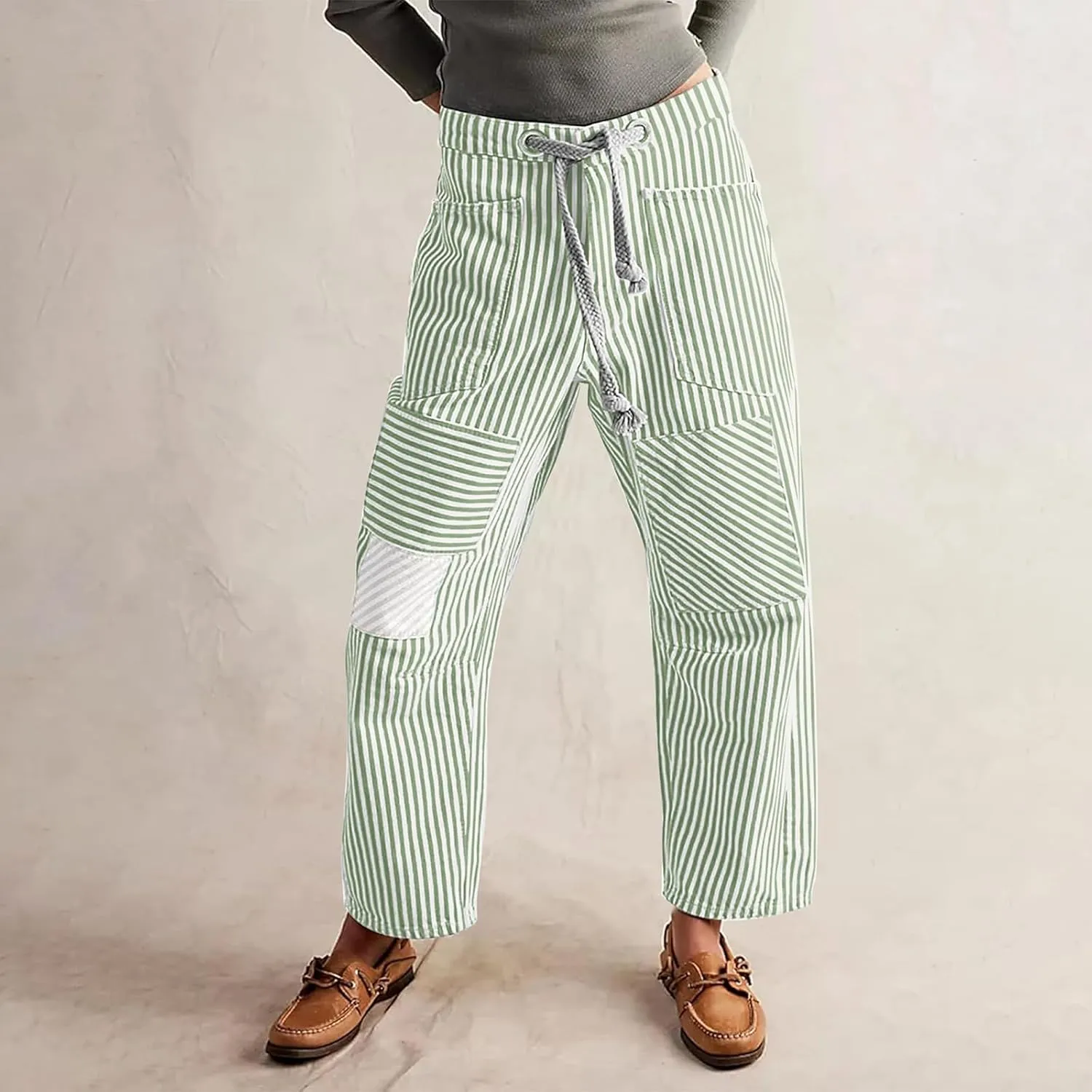Women Baggy Striped Palazzo Pants Drawstring Patchwork Wide Leg Trousers Loose Elastic Waist Longs with Pockets